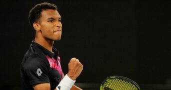 Canada's Felix Auger-Aliassime reacts during his second round match against Slovakia's Alex Molcan at the 2023 Australian Open