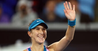 Switzerland's Belinda Bencic celebrates winning during her second round match at the 2023 Australian Open