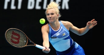 Katerina Siniakova in action during her first round match at the 2023 Australian Open