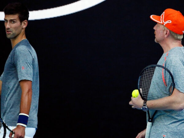 Serbia's Novak Djokovic with then coach Boris Becker during a practice session at the 2016 Australian Open