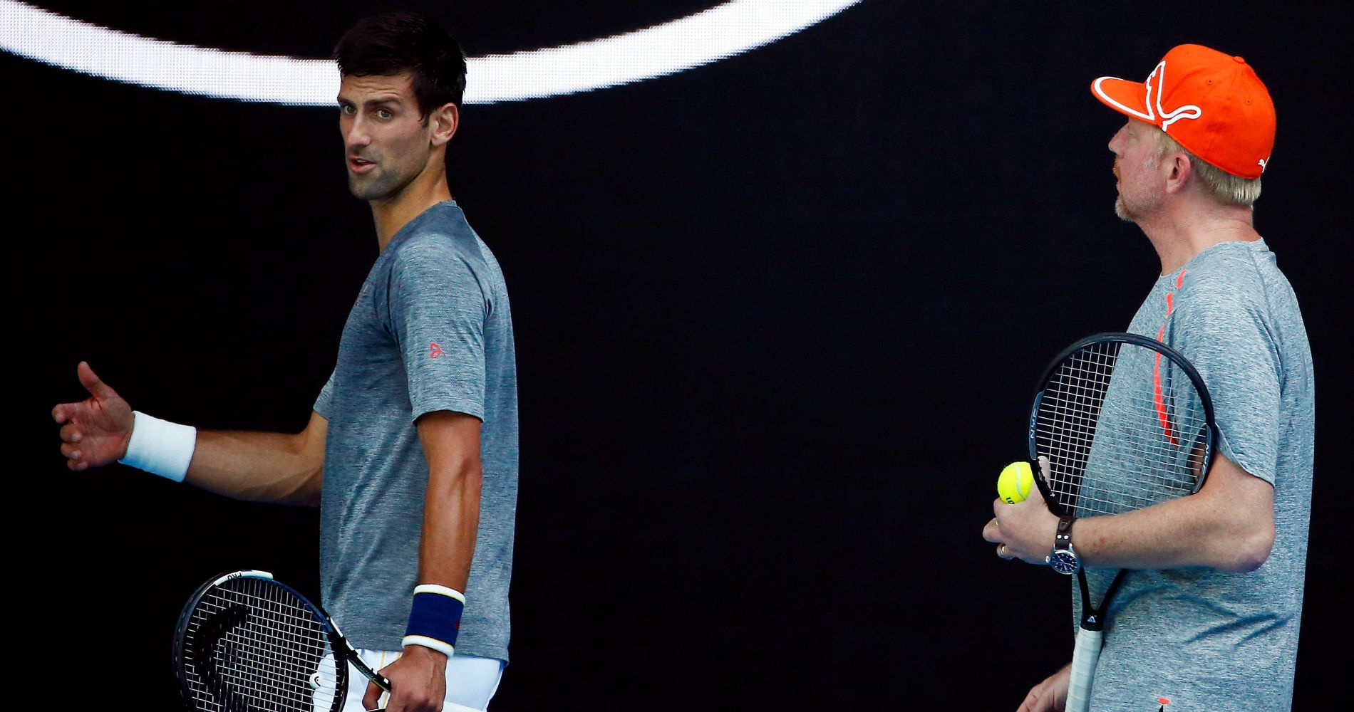 Serbia's Novak Djokovic with then coach Boris Becker during a practice session at the 2016 Australian Open