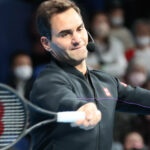 Roger Federer plays at an exhibition in Tokyo in November 2022