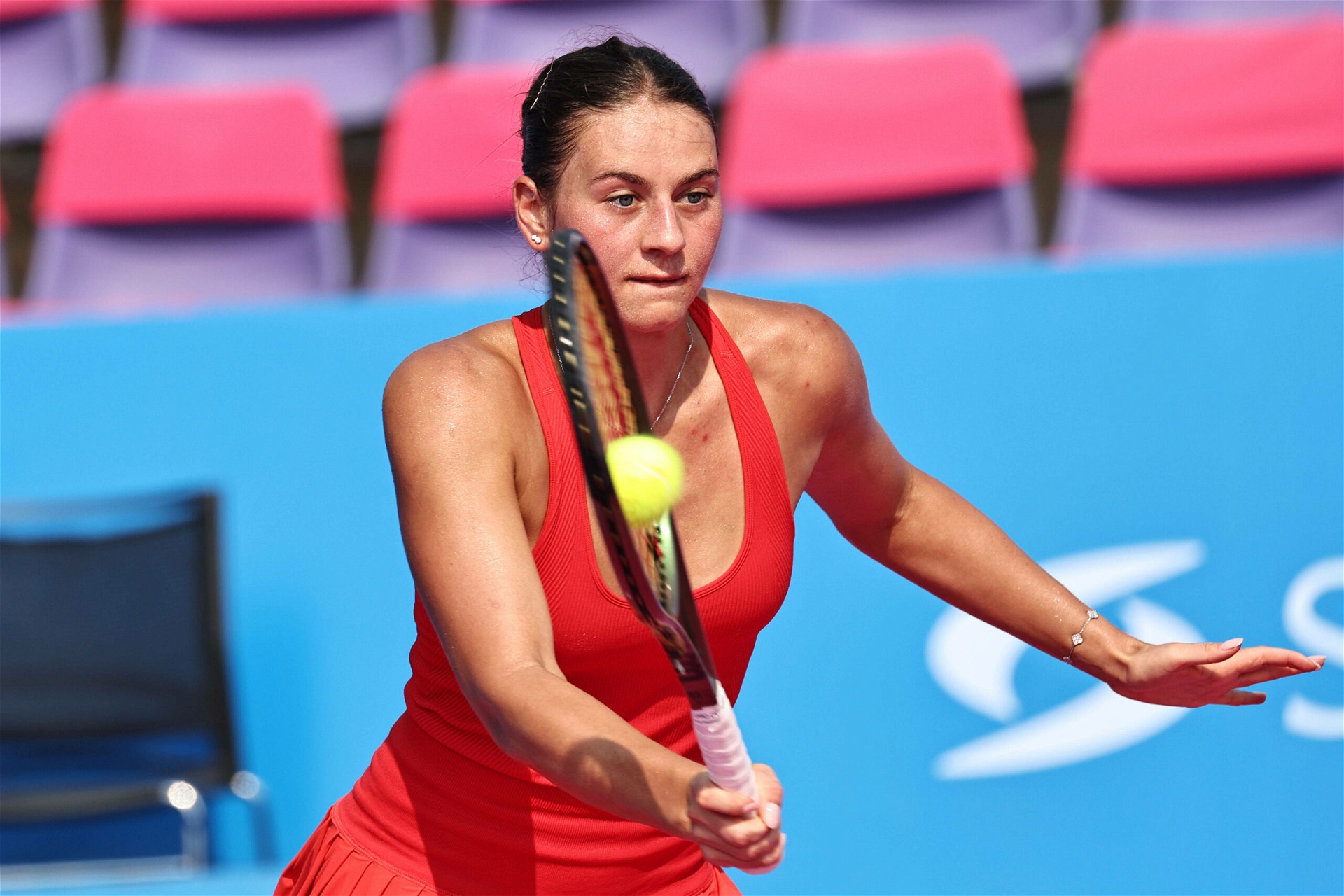 Marta Kostyuk of Ukraine in action during the first qualifications round of  the 2022 Dubai Duty Free Tennis Championships WTA 1000 tennis tournament on  February 12, 2022 at The Aviation Club Tennis