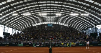 Britain's Cameron Norrie in action during his match against Colombia's Nicolas Mejia during the 2023 Davis Cup Qualifiers