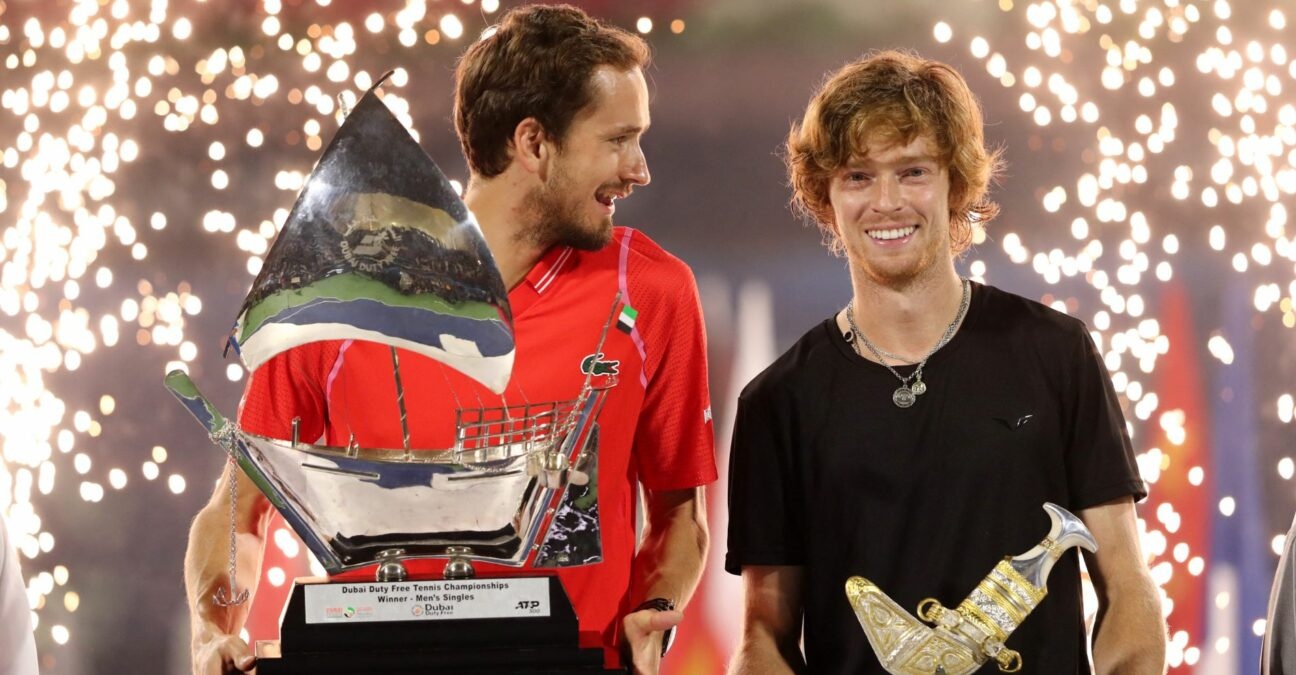 Dubai, UAE, 4th.March, 2023. Russian tennis players at the trophy  presentation, Winner Daniil Medvedev (red shirt) and runner-up Andrey  Rublev at the Dubai Duty Free Tennis Championships tournament at Dubai Duty  Free