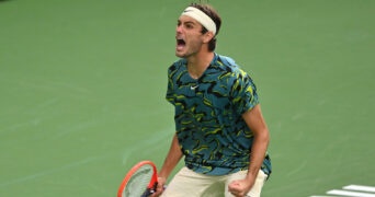 Taylor Fritz (USA) celebrates at match point in the fourth round of BNP Paribas Open at the Indian Wells Tennis Garden.