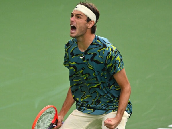 Taylor Fritz (USA) celebrates at match point in the fourth round of BNP Paribas Open at the Indian Wells Tennis Garden.