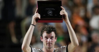 Tommy Paul of the U.S. celebrates with the runner-up trophy after the Mexican Open Final