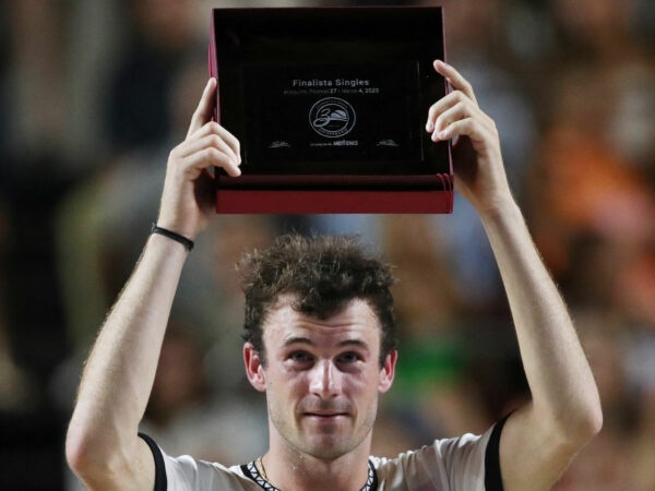 Tommy Paul of the U.S. celebrates with the runner-up trophy after the Mexican Open Final