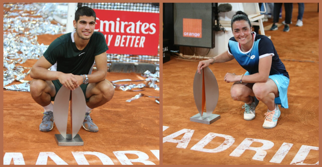 Carlos Alcaraz and Ons Jabeur with their trophies at the 2022 Madrid Open