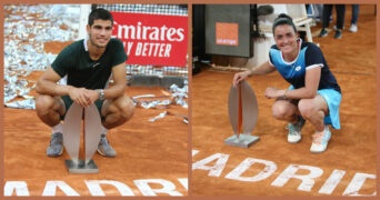 Carlos Alcaraz and Ons Jabeur with their trophies at the 2022 Madrid Open