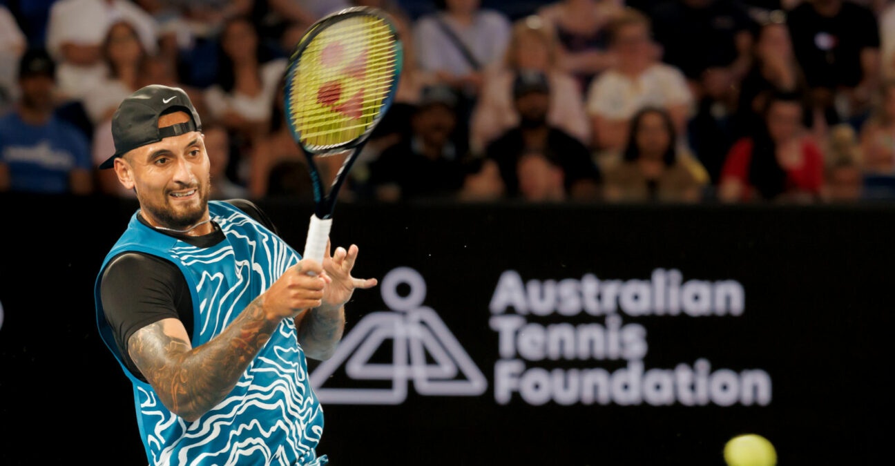 Nick Kyrgios during an exhibition match against Novak Djokovic ahead of the 2023 Australian Open