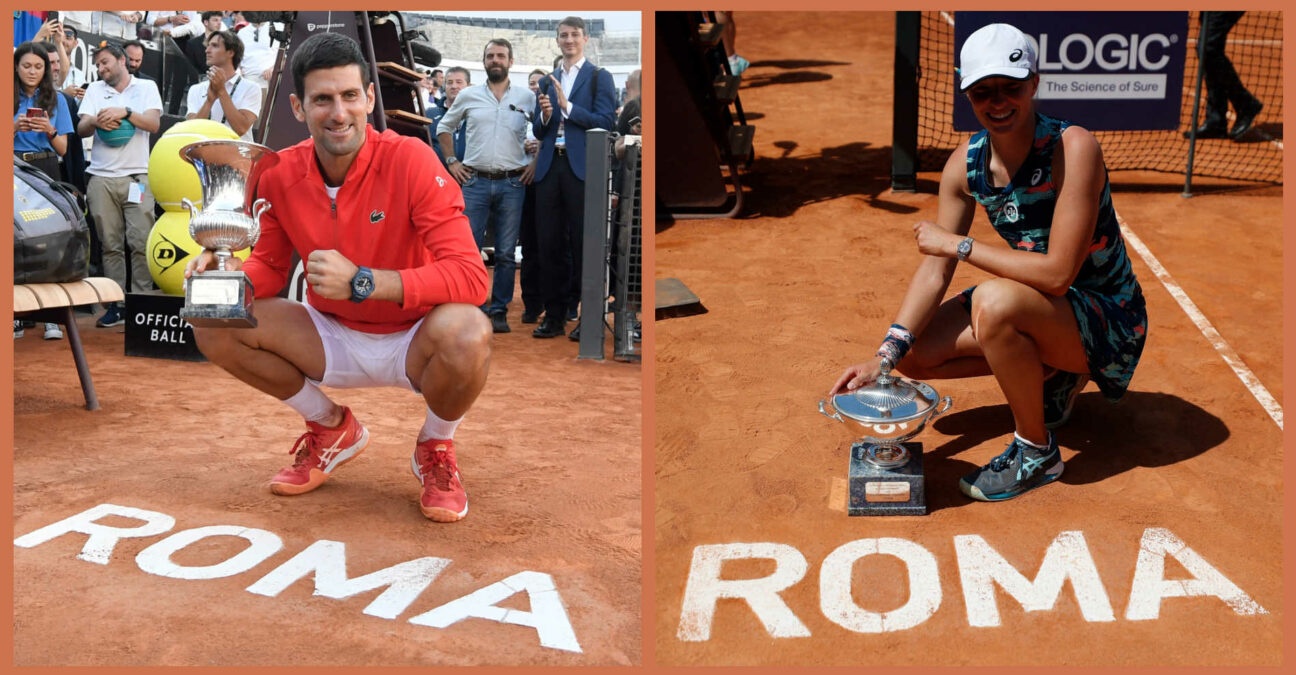 Novak Djokovic and Iga Swiatek with their trophies at the 2023 Italian Open