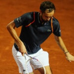 Daniil Medvedev celebrates winning his semi final at the Italian Open with a dance