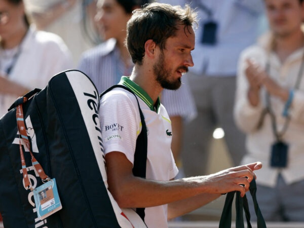 Daniil Medvedev leaves the court atfer his first round loss at the 2023 French Open