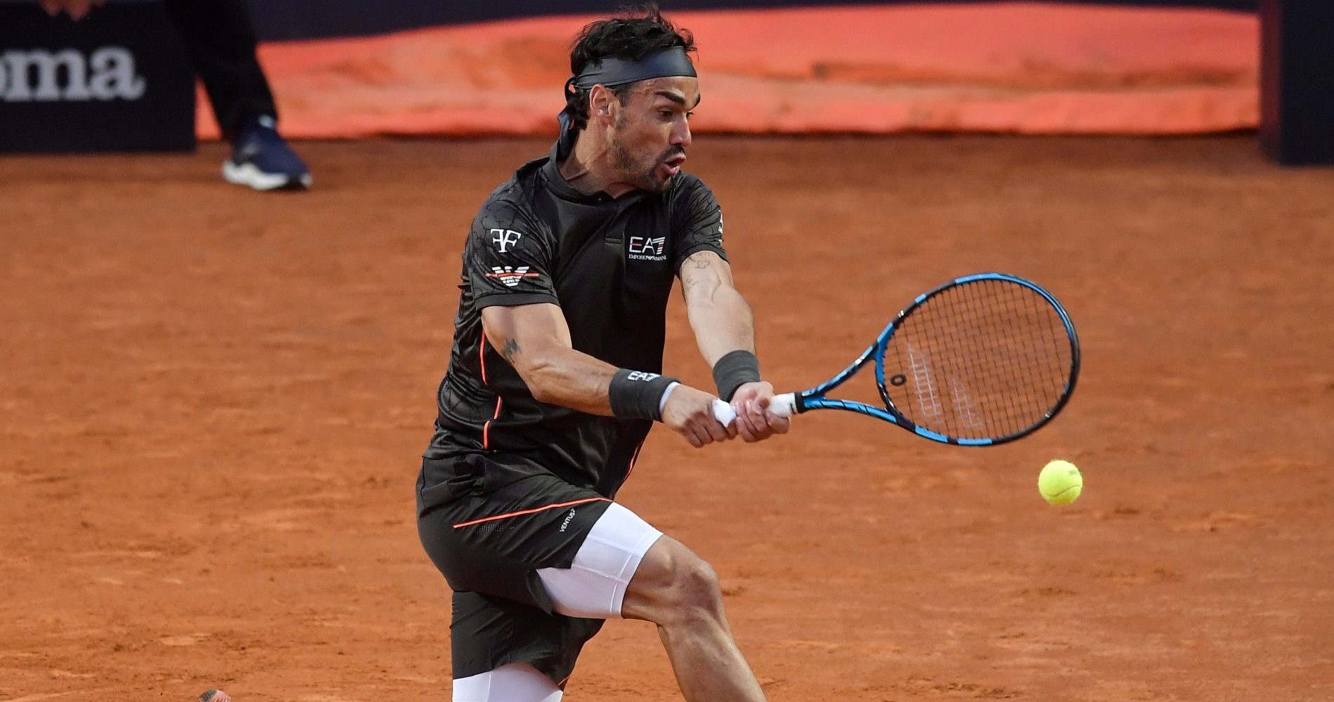 May 10, 2023, ROME: Fabio Fognini of Italy in action during his men's  singles first round match against Andy Murray of Britain (not pictured) at  the Italian Open tennis tournament in Rome