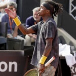 Mikael Ymer during his match against Arthur Fils at the Lyon ATP 250 Tournament