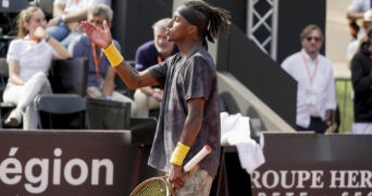 Mikael Ymer during his match against Arthur Fils at the Lyon ATP 250 Tournament