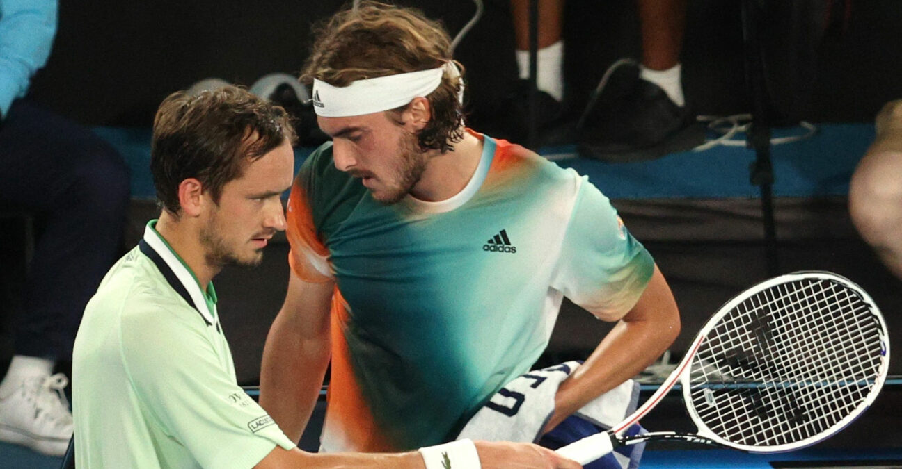 Greece's Stefanos Tsitsipas and Russia's Daniil Medvedev during their semi-final match at the 2022 Australian Open