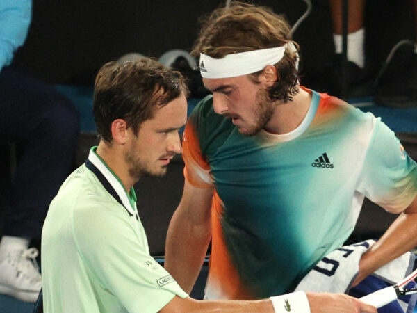 Greece's Stefanos Tsitsipas and Russia's Daniil Medvedev during their semi-final match at the 2022 Australian Open