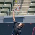 Taylor Fritz serves ahead of the UTS series kick off in Los Angeles