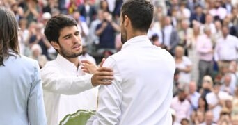 Carlos Alcaraz and Novak Djokovic at Wimbledon in 2023