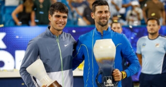 Carlos Alcaraz and Novak Djokovic at the 2023 Western & Southern Open in Cincinnati