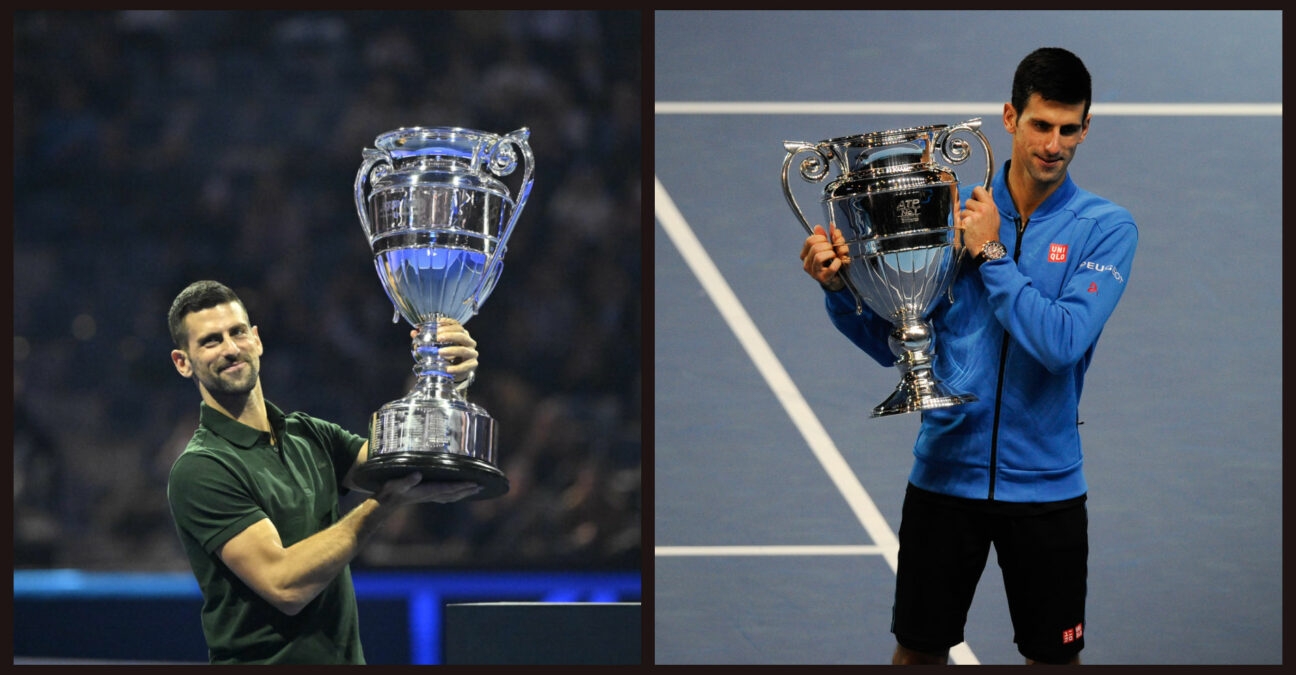 Novak Djokovic poses with the world No 1 trophy in 2023 (left) and 2015 (right)
