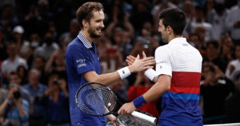 Danill Medvedev and Novak Djokovic at the 2023 Rolex Paris Masters