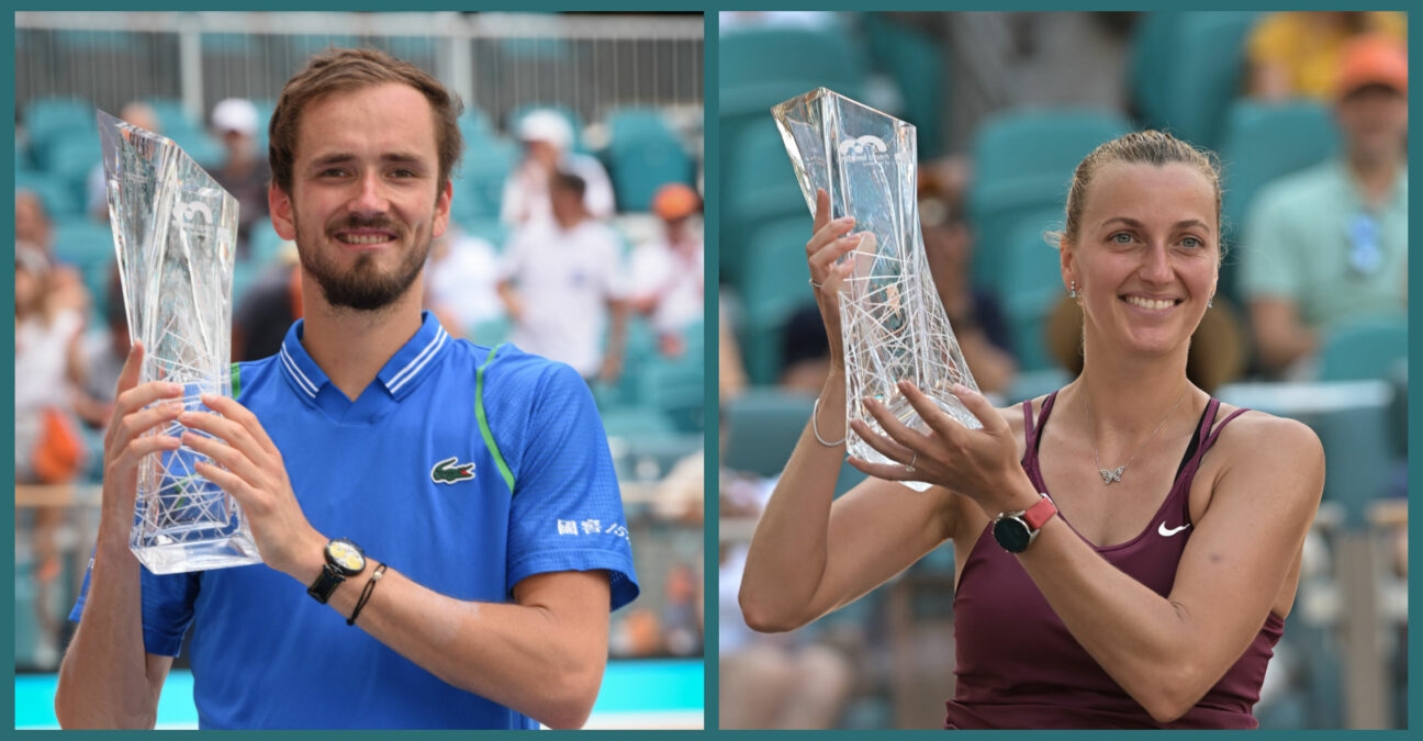 Daniil Medvedev and Petra Kvitova with the 2023 Miami Open trophies