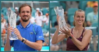 Daniil Medvedev and Petra Kvitova with the 2023 Miami Open trophies