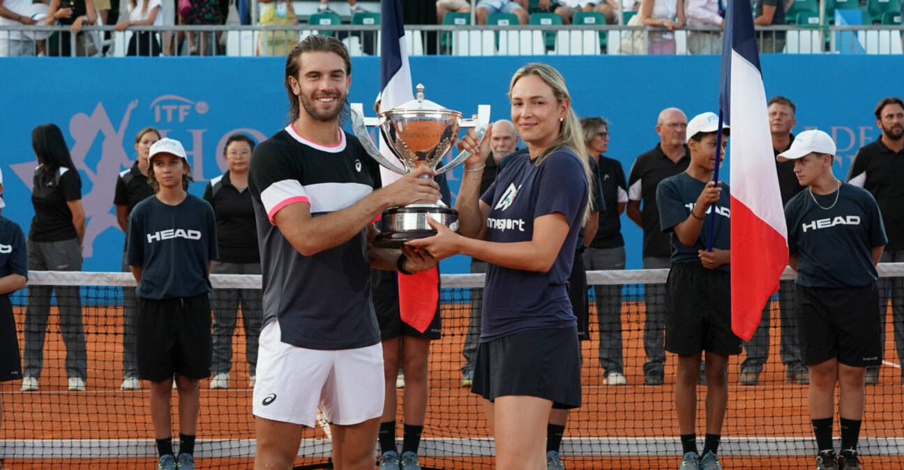 Borna Coric and Donna Vekic with the 2023 Hopman Cup trophy