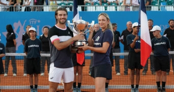 Borna Coric and Donna Vekic with the 2023 Hopman Cup trophy