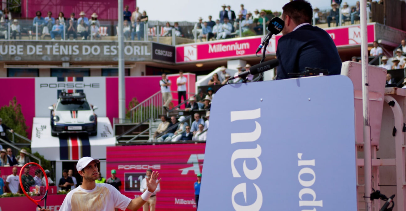 Nuno Borges reacts to referee decision during the Millennium Estoril Open
