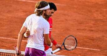 Stefanos Tsitsipas and Novak Djokovic at Roland-Garros 2021