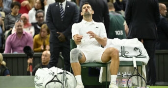 Novak Djokovic during match vs Holger Rune, Wimbledon 2024