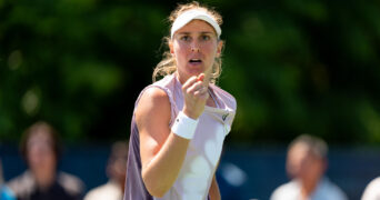 TORONTO, ON - AUGUST 07: Beatriz Haddad Maia of Brazil celebrates after winning a point during her first round match of the National Bank Open, part of the WTA Tour, at Sobeys Stadium on August 7, 2024 in Toronto, Canada. || 294902_0056