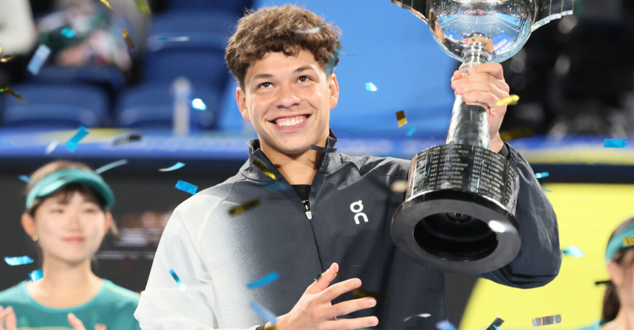 October 22, 2023, Tokyo, Japan - Ben Shelton of the United States raises the trophy of the Japan Open tennis championships at the Ariake Colosseum in Tokyo on Suniday, October 22, 2023. Shelton defeated Aslan Karatsev of Russia in the final. || 278424_0018