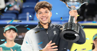 October 22, 2023, Tokyo, Japan - Ben Shelton of the United States raises the trophy of the Japan Open tennis championships at the Ariake Colosseum in Tokyo on Suniday, October 22, 2023. Shelton defeated Aslan Karatsev of Russia in the final. || 278424_0018