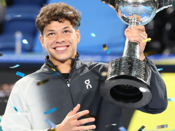 October 22, 2023, Tokyo, Japan - Ben Shelton of the United States raises the trophy of the Japan Open tennis championships at the Ariake Colosseum in Tokyo on Suniday, October 22, 2023. Shelton defeated Aslan Karatsev of Russia in the final. || 278424_0018