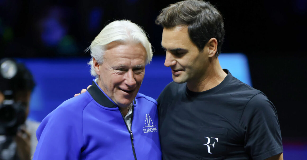 22nd September 2022; O2, London England: Laver Cup international tennis tournament: Rodger Federer with Team Europe Captain Bjorn Borg during the of Team Europe warm up session || 242199_0022 2022 england LAVER CUP TEAMS LONDON O2 SPORTING sports tennis