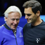 22nd September 2022; O2, London England: Laver Cup international tennis tournament: Rodger Federer with Team Europe Captain Bjorn Borg during the of Team Europe warm up session || 242199_0022 2022 england LAVER CUP TEAMS LONDON O2 SPORTING sports tennis