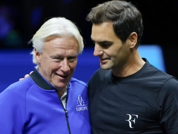 22nd September 2022; O2, London England: Laver Cup international tennis tournament: Rodger Federer with Team Europe Captain Bjorn Borg during the of Team Europe warm up session || 242199_0022 2022 england LAVER CUP TEAMS LONDON O2 SPORTING sports tennis