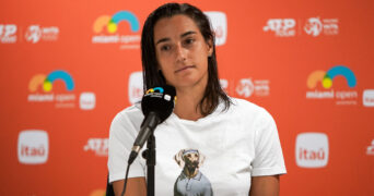 March 25, 2024, Miami Gardens, Florida, USA: Caroline Garcia (FRA) speaks to the media after winning her fourth round women's singles match at the 2024 Miami Open presented by Itau at Hard Rock Stadium. || 287669_0051 PRESS tennis zcontractphotographer zlast24 zselect zsports ZTENNIS Zuma ZUMAPRESS.com zwire