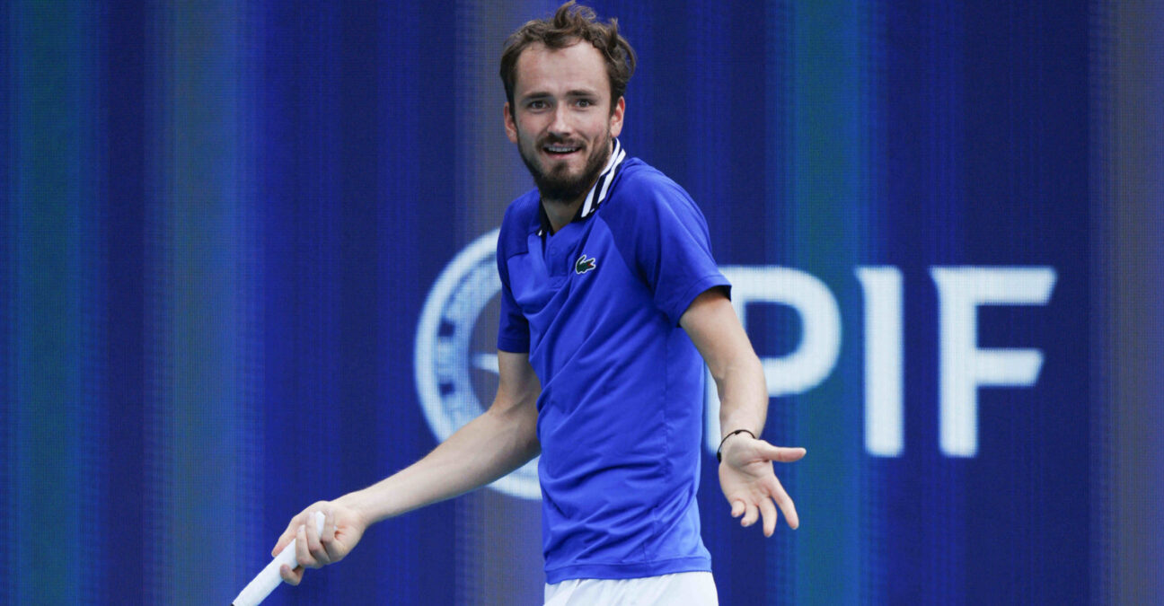 March 29, 2024, Miami, Florida, USA: Daniil Medvedev gestures to his coach while playing Jannik Sinner (Italy) during the semifinals of the MenÃ•s Singles at the Miami Open tennis tournament. Sinner won the match 6-1, 6-2 || 287854_0053 PRESS zcontractphotographer zlast24 zselect Zuma ZUMAPRESS.com zwire