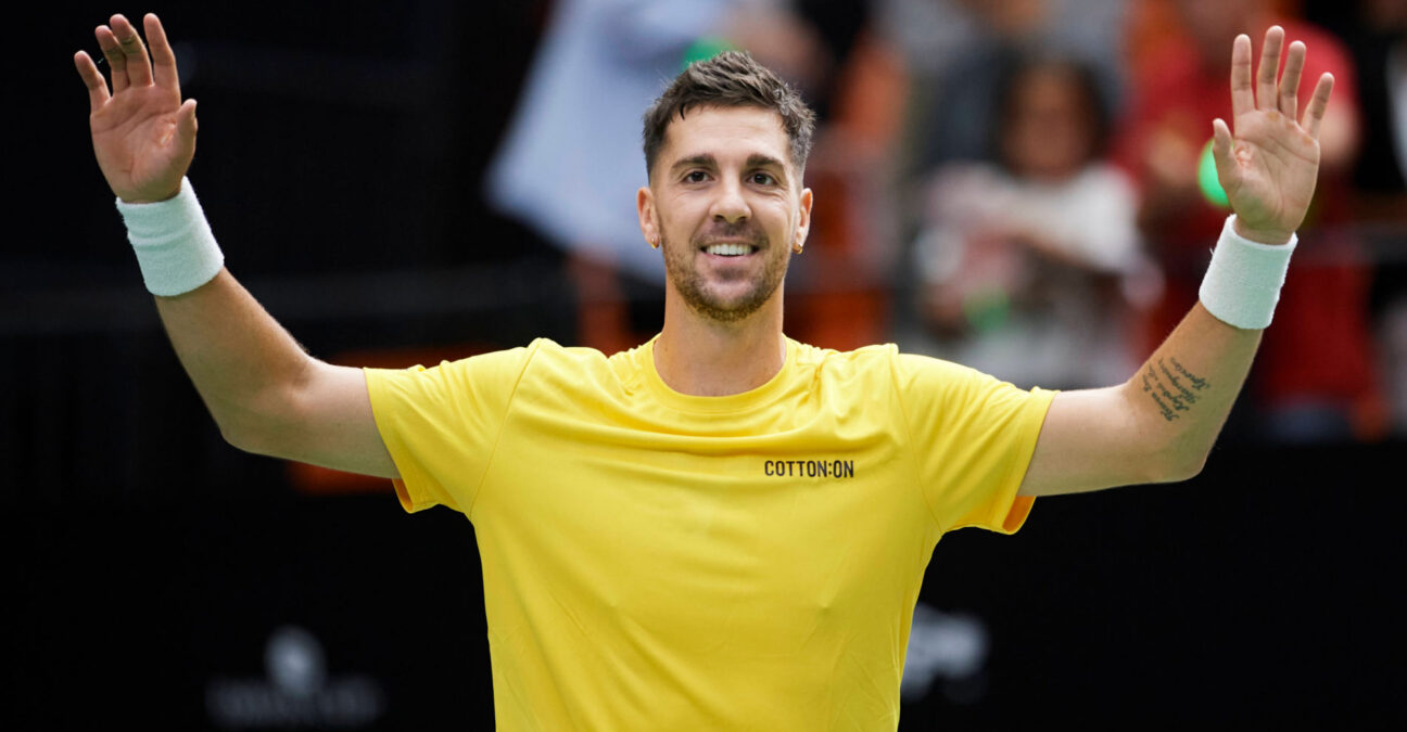 2024 Davis Cup Finals Group Stage in Valencia, Australia v France VALENCIA, SPAIN - SEPTEMBER 10: Thanasi Kokkinakis of Australia celebrates to the crowd after his victory during the Davis Cup Group Stage 2024 Valencia match between Australia and France at Pabellon Fuente De San Luis on September 10, 2024 in Valencia, Spain. Photo by Francisco Macia/Photo Players Images/Magara Press Valencia Pabellon Fuente de San Luis Spain Copyright: xFranciscoxMaciax || 296700_0057 2024 am an Australia australien Bilder copa CUP davis day DER FOTO FRANCE Frankreich Group Gruppe images MEHRSPORT photo players Pokal premiumd PRESS PRESSE Publikum quer Sieg Spieler sport sports STADIUM Stage tenis tennis und valencia x0x