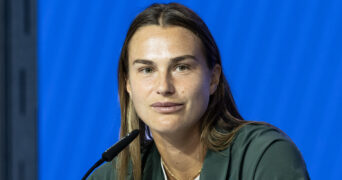 August 25, 2023, New York, New York, United States: Aryna Sabalenka speaks to press during US Open player media day ahead of start of tournament at Billy Jean King Tennis Center in New York || 275008_0005 ball center CHAMPIONSHIPS CONFERENCE court grand jean KING media new open player PRESS radin slam sport sports STADIUM tennis Tournament us York zagency zlast24 zselect Zuma ZUMAPRESS.com zwire