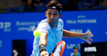 October 15, 2023, Tokyo, Japan: Yasutaka UCHIYAMA (JPN) hits a return against Marcos GIRON (USA) during the qualifying final match for the Kinoshita Group Japan Open Tennis Championships 2023 at the Ariake Coliseum. This is the longest-running ATP Tour tournament in Asia, first held in 1972. The tournament runs from October 16 to 22. Giron won 6-3, 6-2. || 278029_0019 2023 500 ATP CHAMPIONSHIPS Group japan Japanese open player PRESS professional sports tennis tokyo TOUR Tournament zcontractphotographer zlast24 zselect Zuma ZUMAPRESS.com zwire