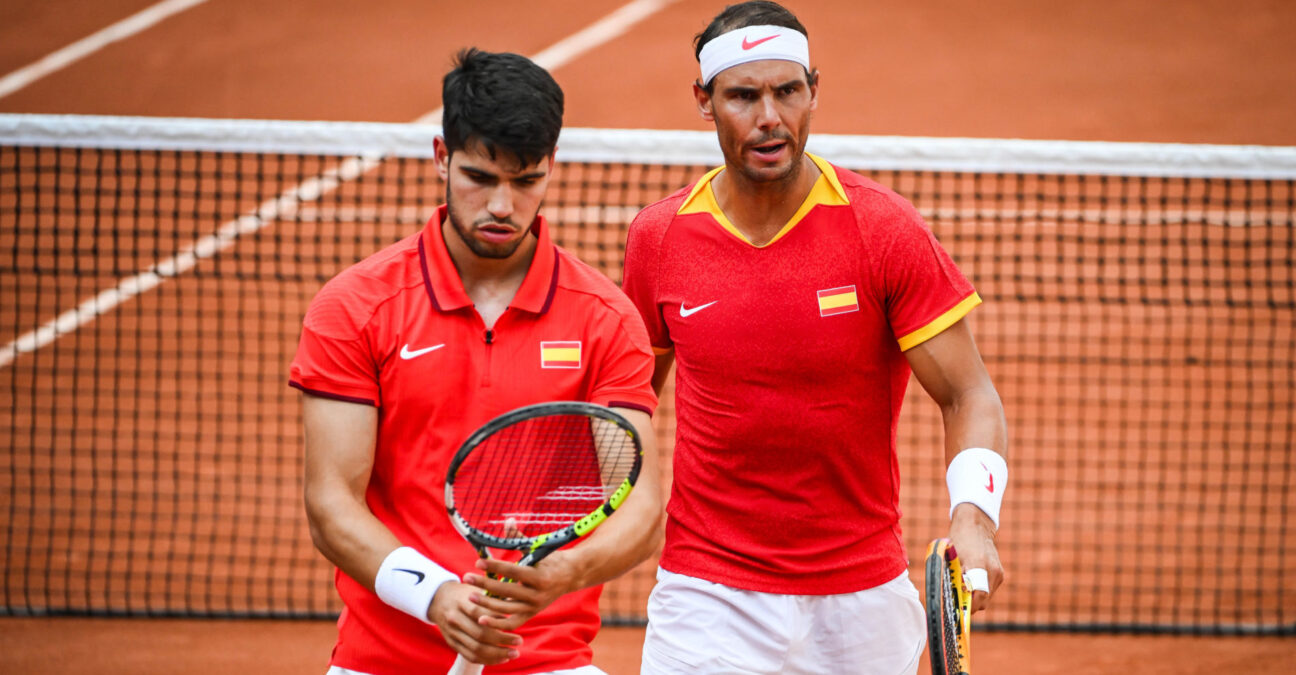 ALCARAZ Carlos and NADAL Rafael of Spain during the Tennis match, Olympic Games Paris 2024 on 30 July 2024 at Roland-Garros Stadium in Paris, France - Photo Matthieu Mirville / DPPI Media / Panoramic JO 2024 : TENNIS - Jeux olympiques Paris 2024 - Paris - Roland-Garros - 30/07/2024 || 294309_0150 2024 games jeux jeux olympiques jo olympic OLYMPICS olympique paris paris2024 sport tennis