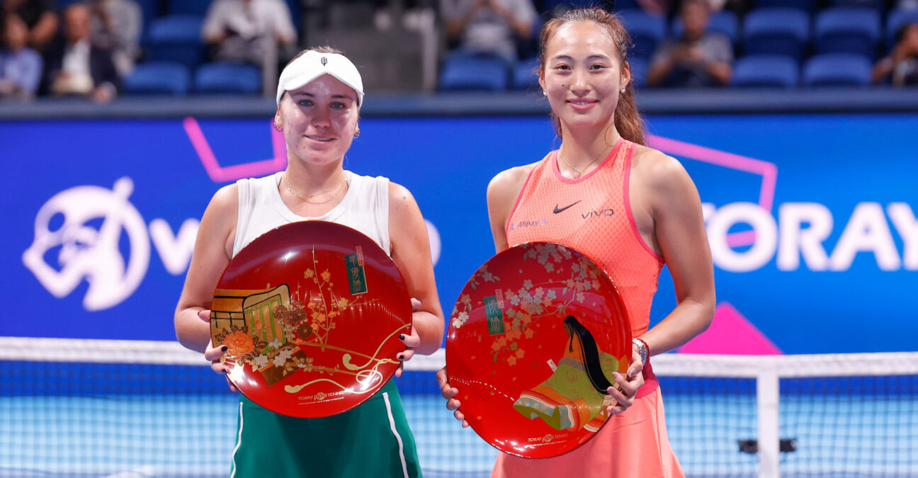 October 27, 2024, Tokyo, Japan: (L to R) Sofia KENIN (runner-up) and winner Qinwen ZHENG pose for the cameras during the award ceremony of the Toray Pan Pacific Open Tennis Tournament 2024 at the Ariake Coliseum. Zheng won 7-6(5), 6-3. || 299467_0009 2024 american chinese japan match open Pacific player PRESS Singles sofia sports tennis tokyo Tournament zcontractphotographer zlast24 zselect Zuma ZUMAPRESS.com zwire